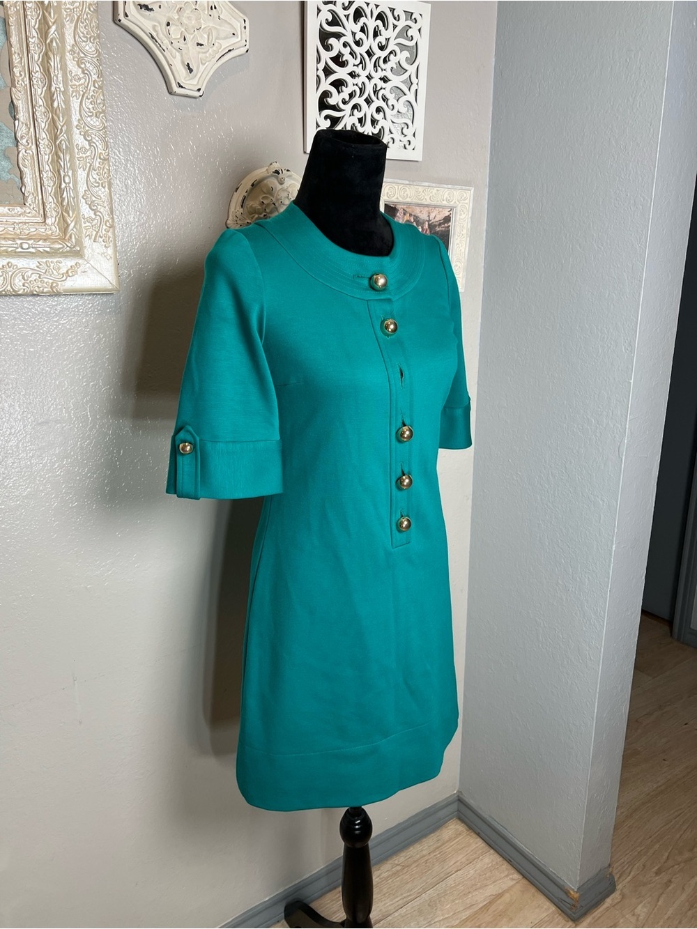 Teal Short Sleeve Button Front Shift Dress - Picture 7 of 12